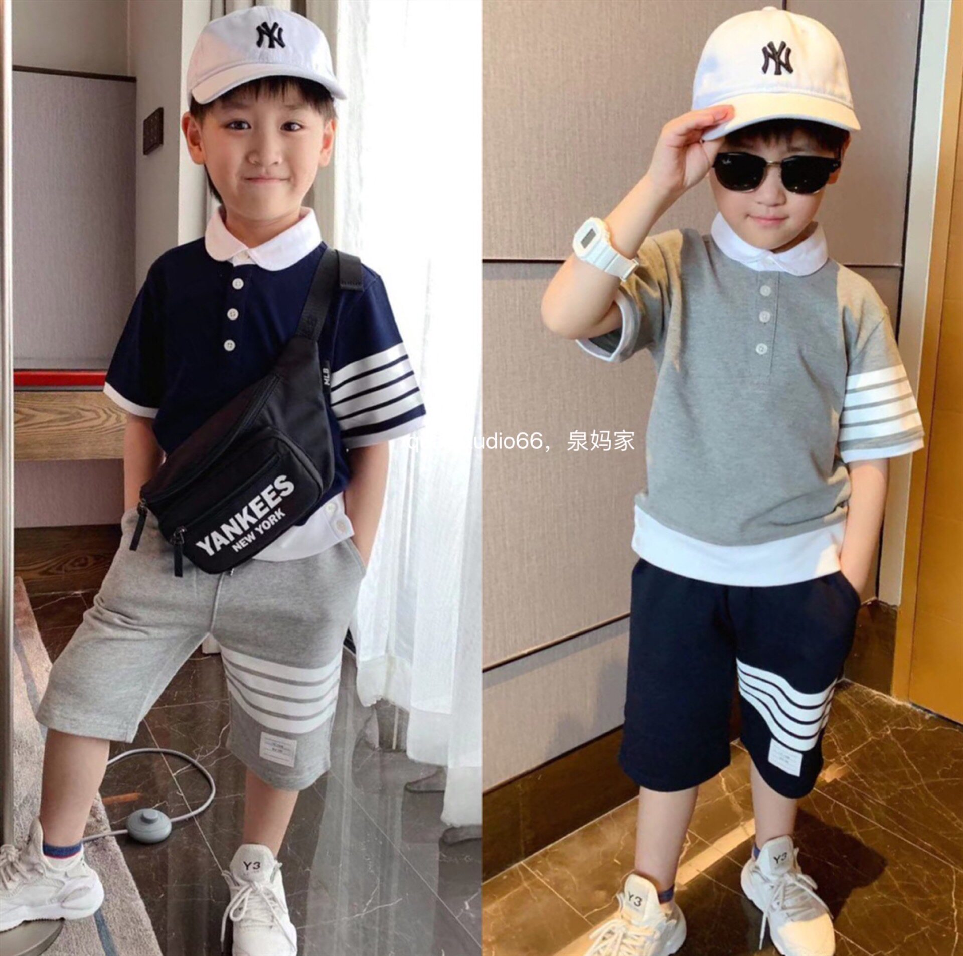 Spring mother's home Xia-style male and Japanese children's children's clothing turned polo shirt T-shirt pure cotton four-bar striated sports shorts