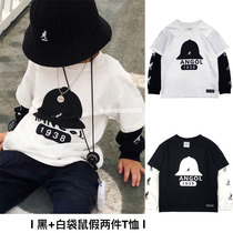 Wellspring Home Spring loaded boy Long sleeves T-shirt Childrens blouses new childrens clothing Bottom Shirts Pure Cotton Black And White Fake two