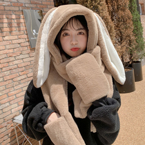 Cute rabbit hat scarf gloves one female autumn and winter 2021 New Joker Korean version thick warm winter