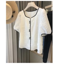 Heavy industry embroidered French square collar cotton lace shirt women short summer T-shirt bubble sleeve loose chic top