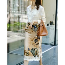 French vintage print oil painting skirt silk satin skirt women Summer Side open Fork High waist slim bag skirt