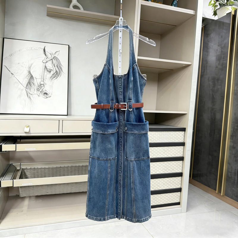 Unique and Elegant Dress, 2026 Summer New Style, Halter Neck, Backless Denim Long Dress, Slimming Sleeveless Tank Dress