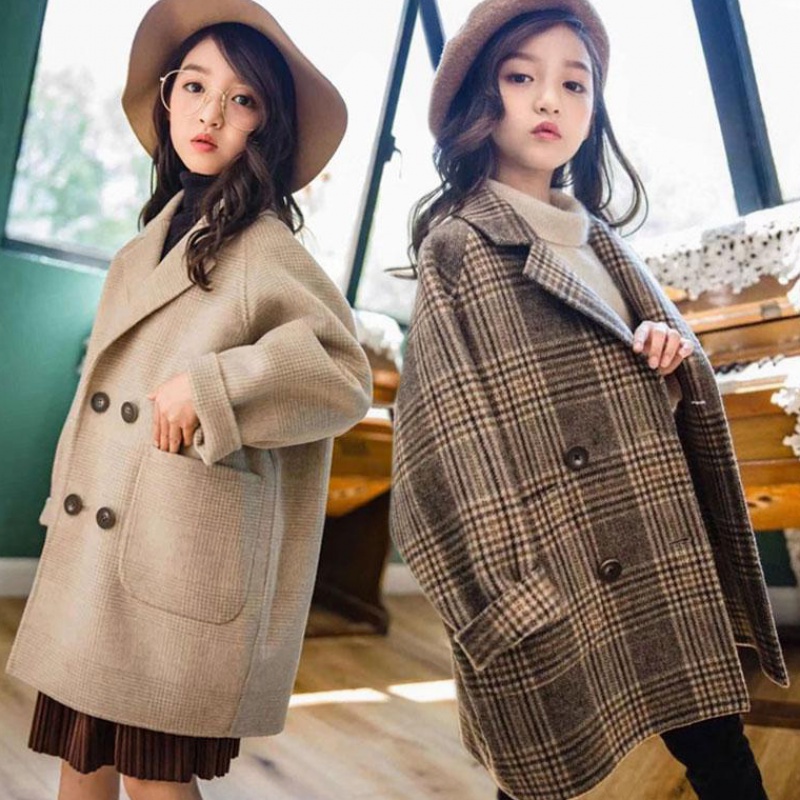 Imitation double-sided cashmere coat girls' woolen woolen Korean windbreaker 2021 autumn and winter medium and large children's clothing coat plaid