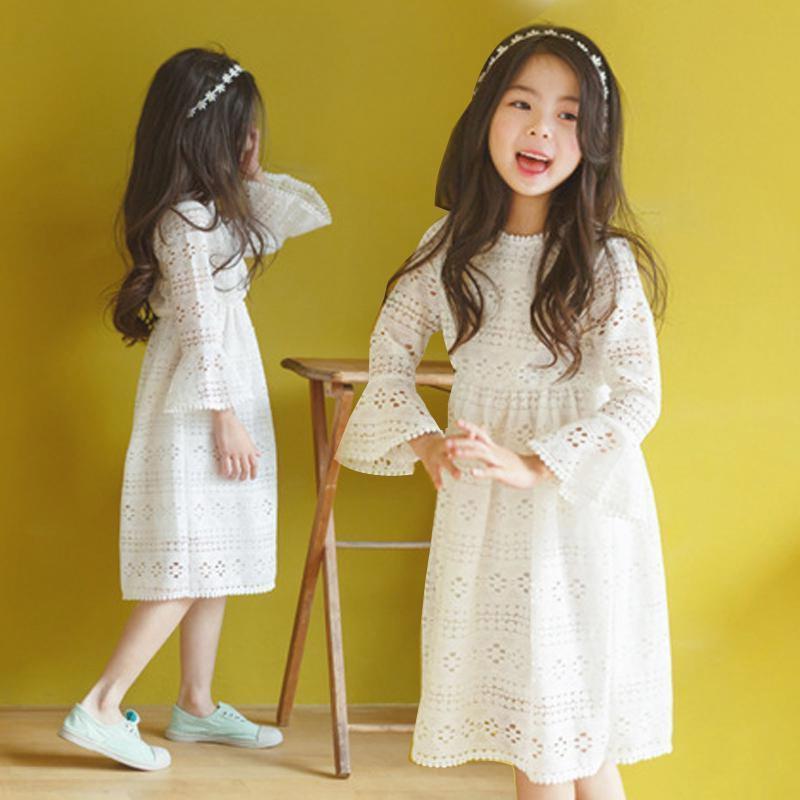 Children's Clothing 2021 Spring Summer Season Han Edition Children's Dress Girl Lace Foreign Dress Hollowed-out Embroidery Long Sleeve Long Version Small And Large Children