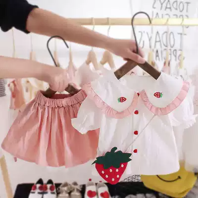 Children's summer suit 2020 new strawberry doll collar short sleeve shirt 0-5 years old baby skirt two-piece female