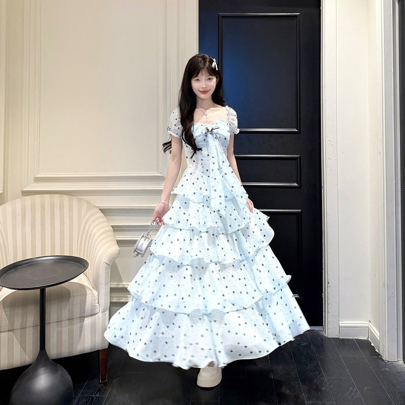 Light Blue Cloud-Patterned Layered Heart Polka Dot Puff Sleeve Multi-Layer Cake-Style Waist-Cinching Long Square-Neck Dress for Women in Summer