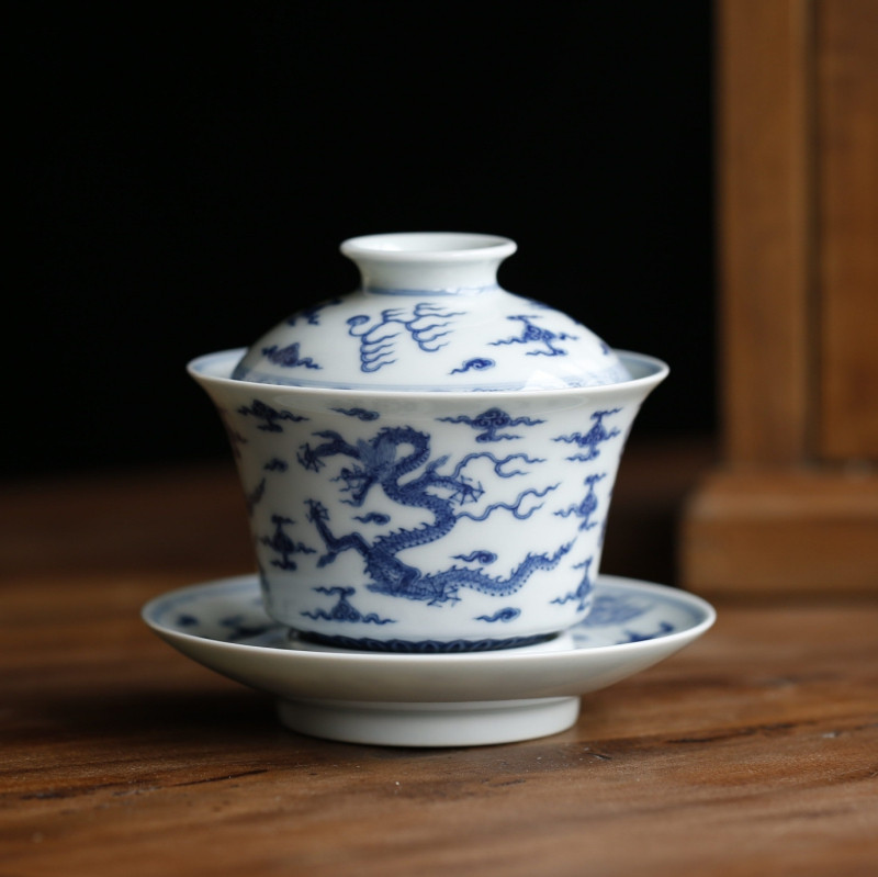 Diesel kiln blue flower imitation of fei Yun dragon three-tall bowl
