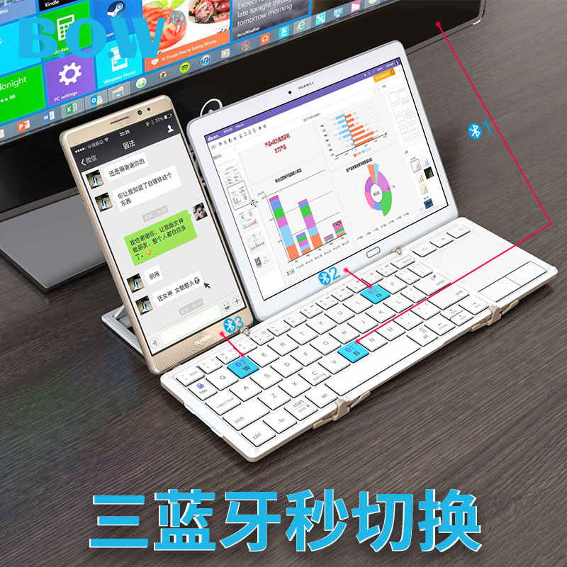 BOW Airworld Android Phone Three Folding Bluetooth Keyboard Huawei Tablet Universal Wireless Keyboard Mouse External (Apple ios System Does Not Support Touch Version)