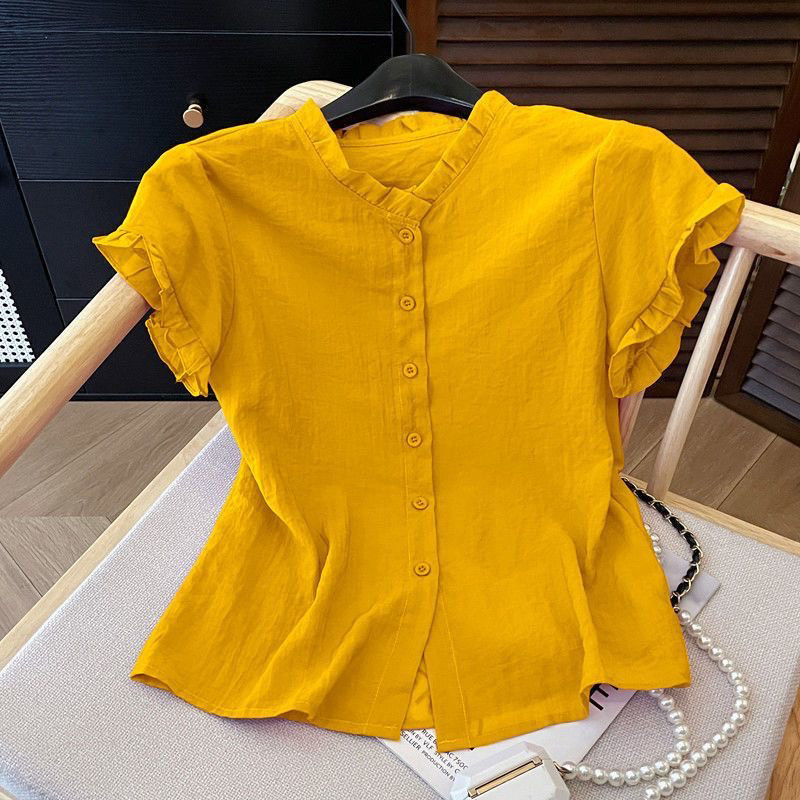 Уникальная красная шифоновая рубашка с воротником-грибком и короткими рукавами Encore, новый летний стиль в западном стиле, маленькая рубашка, верхняя одежда, тонкий топ для женщин