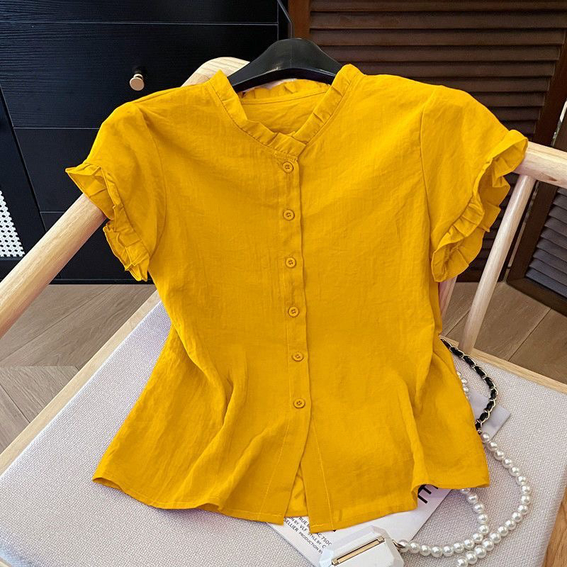 Unique Ancora Red Chiffon Ruffled Collar Short-Sleeved Shirt, New Summer Style, Stylish Blouse for Outerwear, Slimming Top for Women