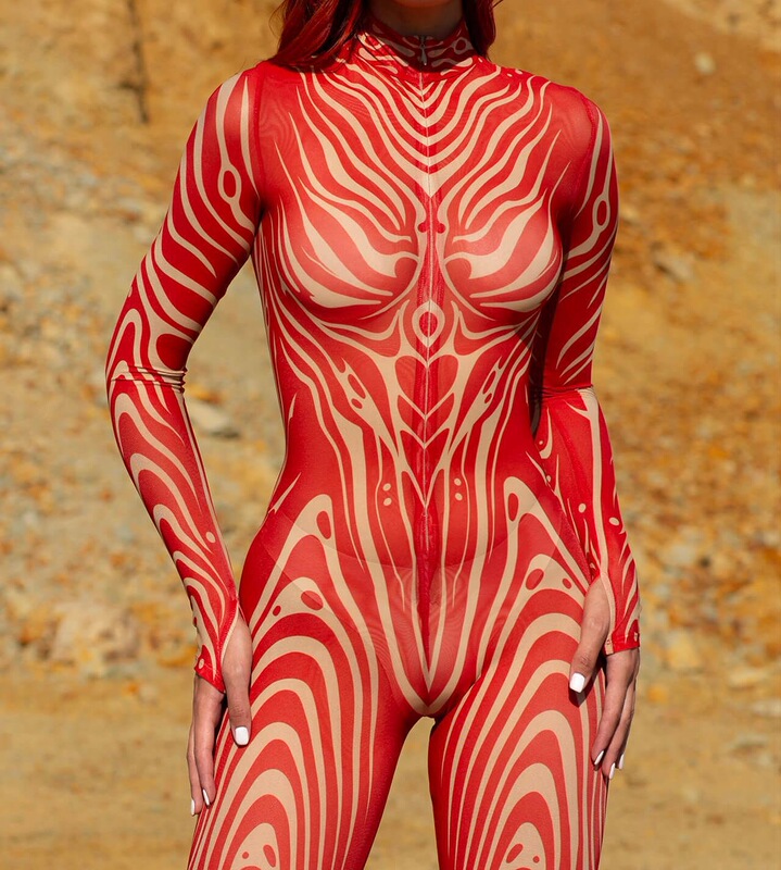 European and American New Style Halloween Red Quirky Sexy Stage Cosplay Performance Costume with 3D Printed Bodysuit for Women