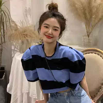 French striped bubble sleeve t-shirt women's coat 2021 summer new sweet babes wind ins tide navel niche chic