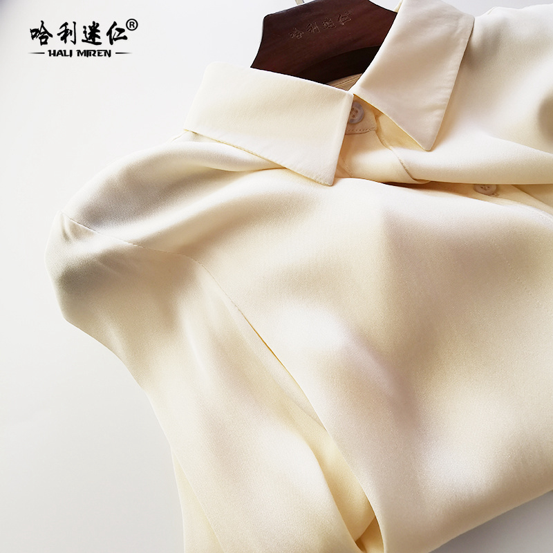 Heavyweight Double Silk Shirt for Women, Autumn Long-Sleeve Jade-Colored Stretch Silk Ol Professional Style Silk Blouse