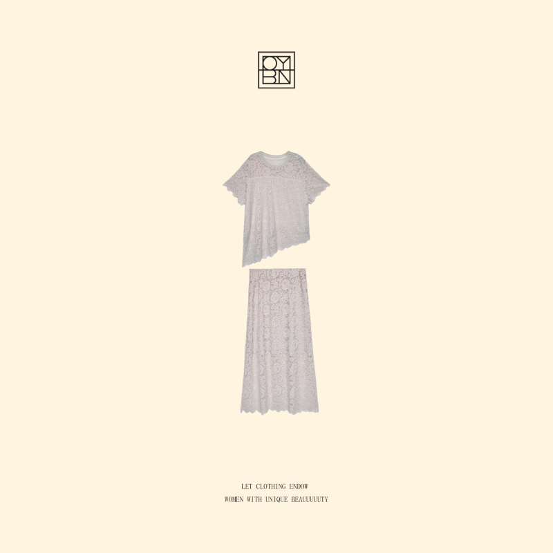 Oybn Ouyang Beini【Tingles the Heart】Slightly Plump Plus Size Light Luxury Lace Hollow Short Sleeve Skirt Set 64