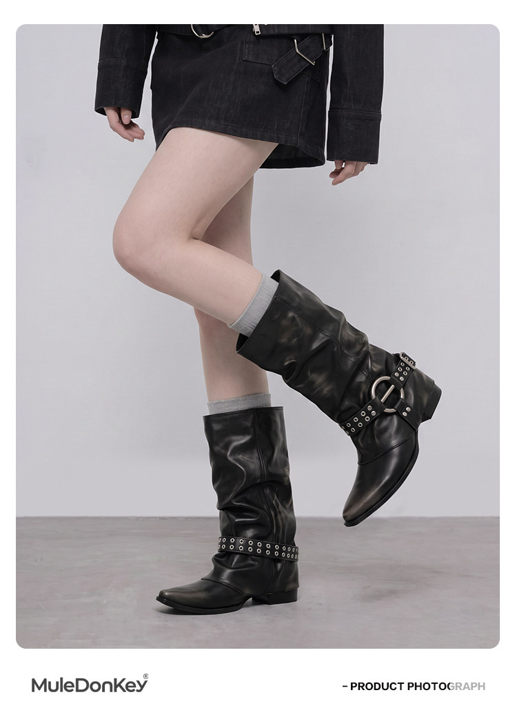 Mule Donkey PU Pointed-Toe Mid-Calf Boot