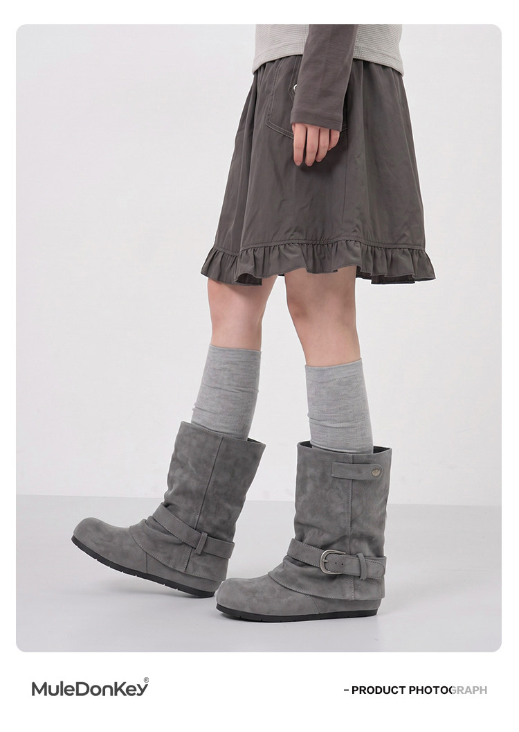 Mule Donkey Suede Buckle Strap Slouch Boot