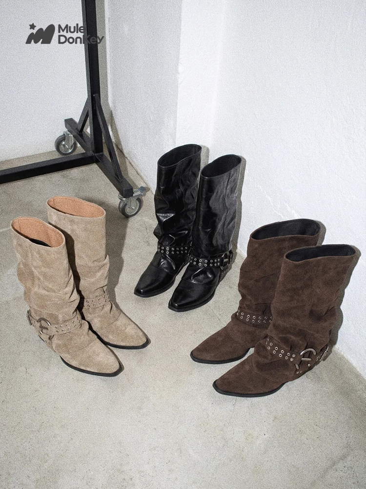 Mule Donkey Suede Pointed-Toe Mid-Calf Western Boot