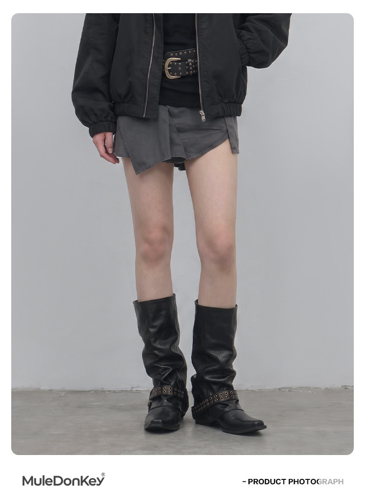 Mule Donkey Studded Pointed-Toe Mid-Calf Boots