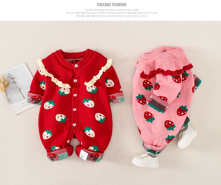 Áo len cho bé jumpsuit mùa xuân và mùa thu phù hợp với màu đỏ nữ quần áo trẻ em dệt kim cardigan chạm đáy áo len công chúa - Áo liền quần