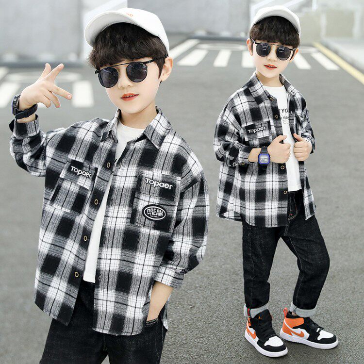 Balabala flagship store boy's cotton plaid long-sleeved spring shirt 2021 new middle and big children's shirt children