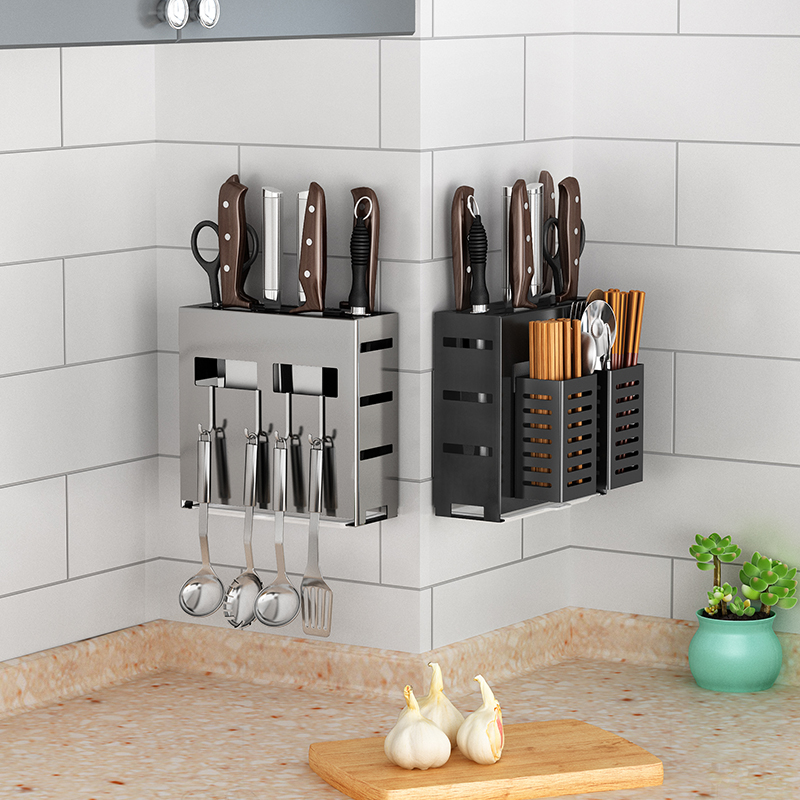 Punch-free knife rack kitchen supplies rack kitchen knife seat storage rack wall-mounted chopsticks cage integrated stainless steel