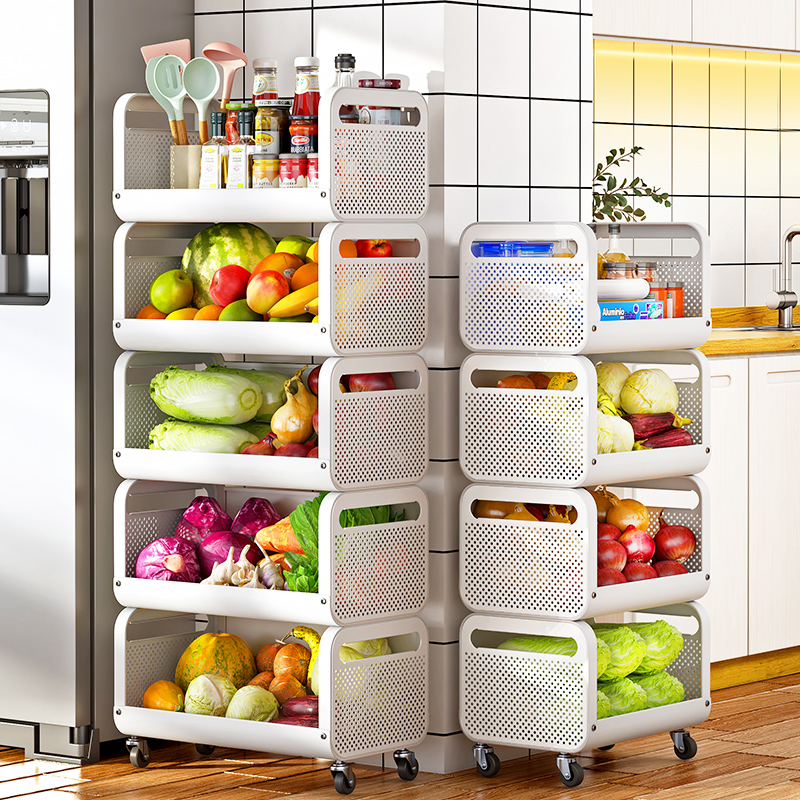 Kitchen vegetable rack floor-to-ceiling multi-layer fruit vegetable basket household vegetable shelf storage basket thickened white