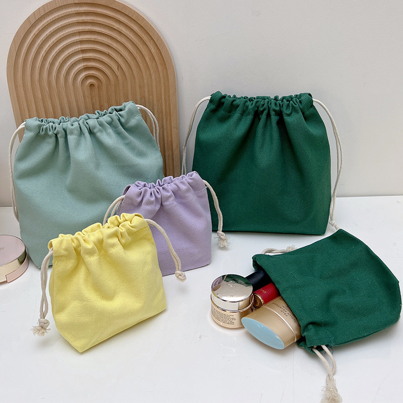 化妆品收纳包便携纯色抽绳帆布袋耳机口红杂物小包束口内胆包中包
