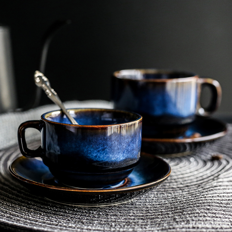 Tao soft European ceramic coffee cups and saucers suit creative breakfast cup tea Japanese contracted retro blue apparatus