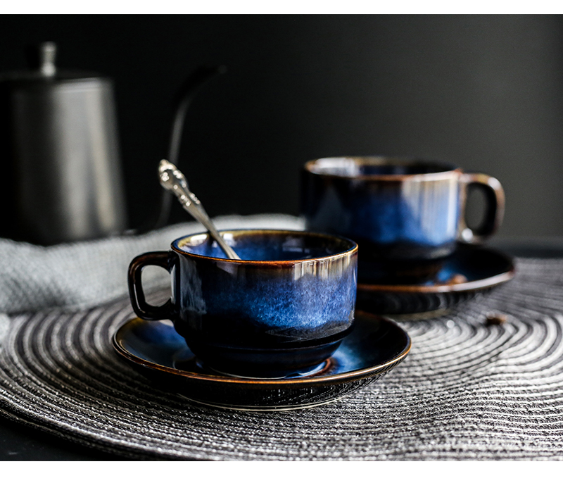 Tao soft European ceramic coffee cups and saucers suit creative breakfast cup tea Japanese contracted retro blue apparatus