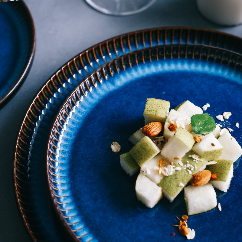 Tao soft creative Nordic blue circular plate flat household ceramic dish dish dish plate of pasta beefsteak dish