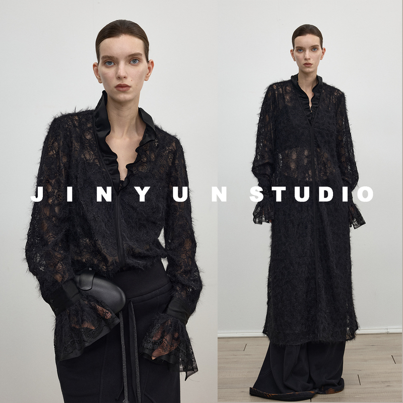 Jinyun Niche Design Ruffled V-Neck Court-Style Bell Sleeve Lace Sexy Slightly Sheer Spring and Autumn Base Shirt/Long Dress