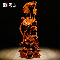 Rosewood carving year with fish root carving Lotus animal ornaments mahogany home decoration crafts housewarming gift
