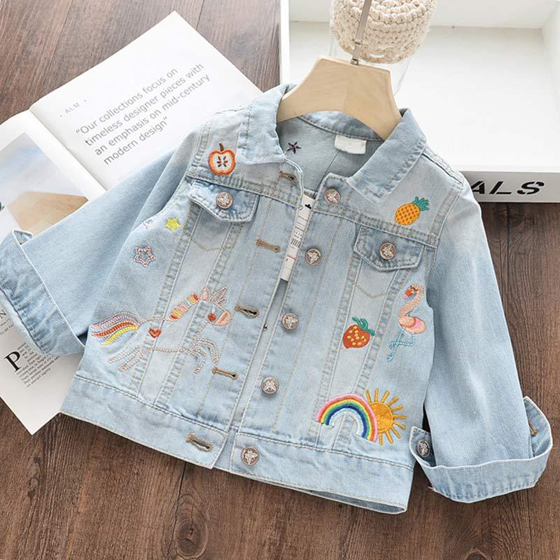Wathet2020 Spring and Autumn Cross border Primary and secondary school children girl loose coat Children's interest Graffiti Embroidery Lapel cowboy have cash less than that is registered in the accounts jacket Jacket