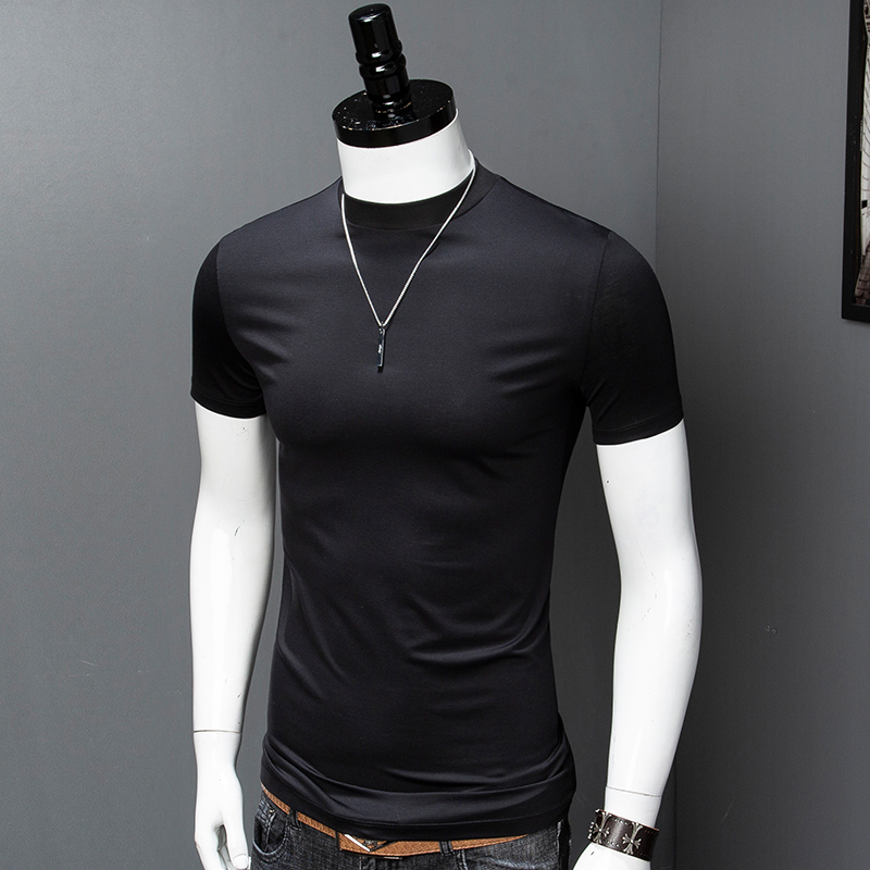 Summer Men's Half-High Collar Thin Double Mercerized Cotton Short-Sleeve T-Shirt, Pure Cotton Small to Medium Collar, Slim Fit, Trendy Solid Color Base Shirt