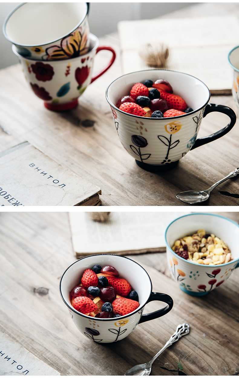 Hand color small flowers fresh Nordic ins ceramic high - capacity breakfast milk tea cup lovers mugs