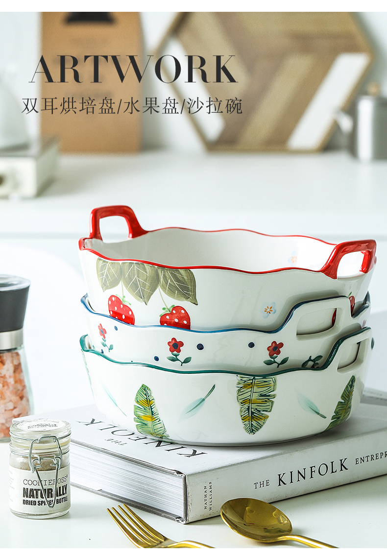 Japanese, lovely strawberry single handle roasted bowl ears baking cheese baked FanPan ceramic household vegetable salad bowl