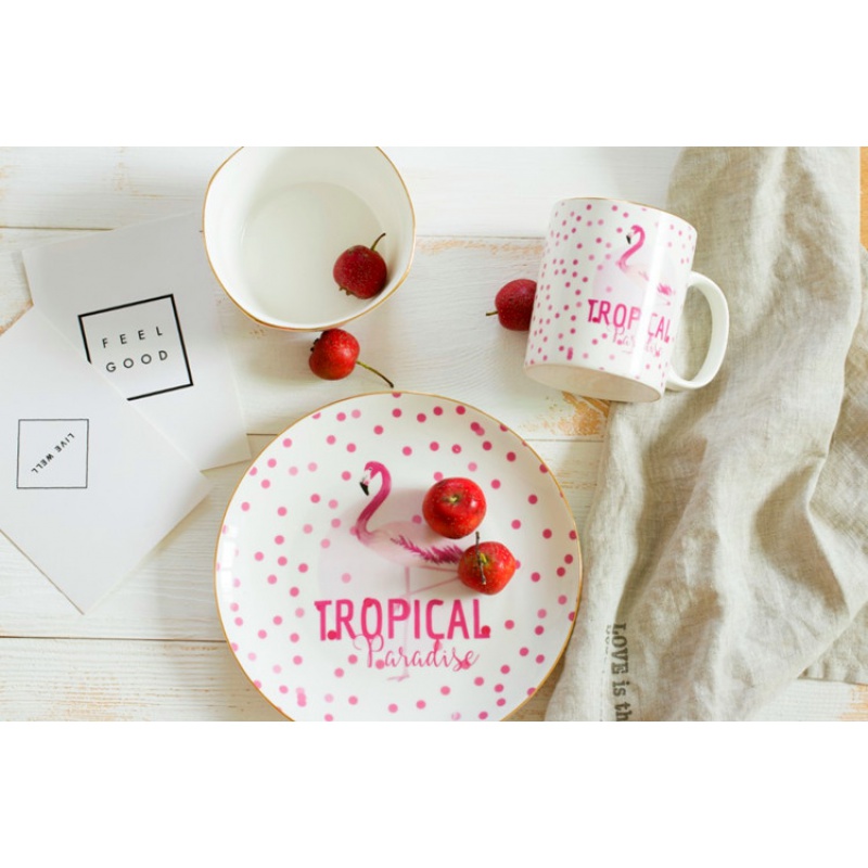 The flamingo pink western - style food plates mugs breakfast cup han edition student jobs household ceramics tableware three - piece suit