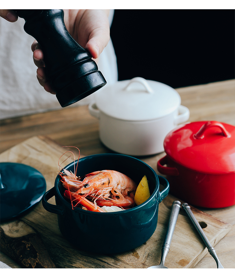 Nordic ceramic baking bowl with cover with the handle ears roasted bowl dessert bowl of soybean milk bowl of bird 's nest household stew