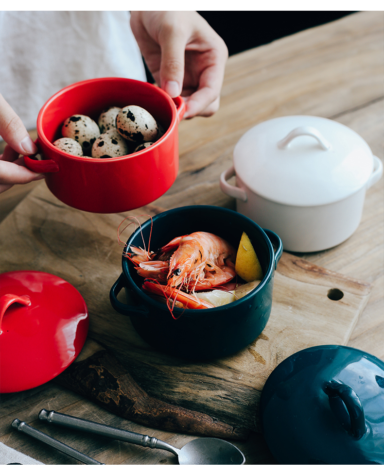 Nordic ceramic baking bowl with cover with the handle ears roasted bowl dessert bowl of soybean milk bowl of bird 's nest household stew