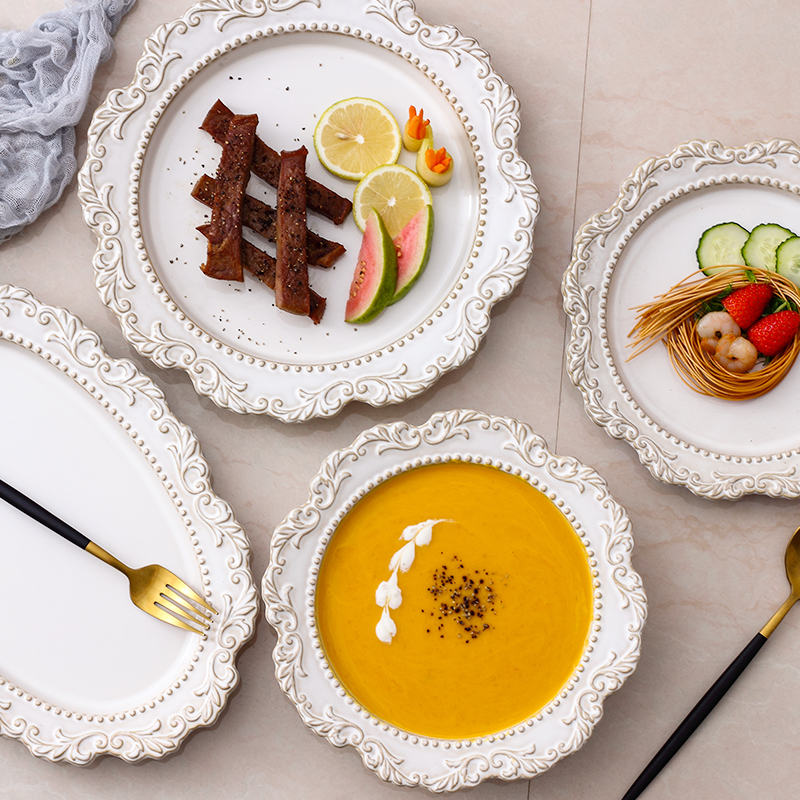 French style restoring ancient ways disc creative American both variable white glaze relief plate western - style food dish dish old coarse pottery dishes