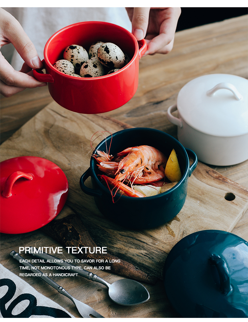 Nordic ceramic baking bowl with cover with the handle ears roasted bowl dessert bowl of soybean milk bowl of bird 's nest household stew