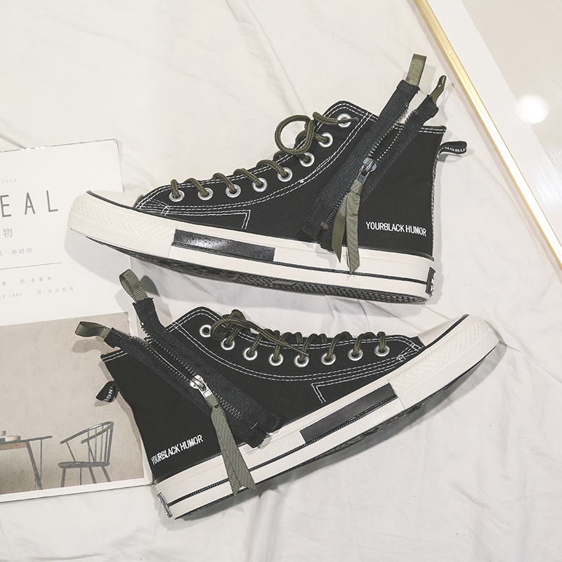 Spring new niche design zipper high-top canvas shoes men's Korean version of the trend of all-match students in the tube casual shoes