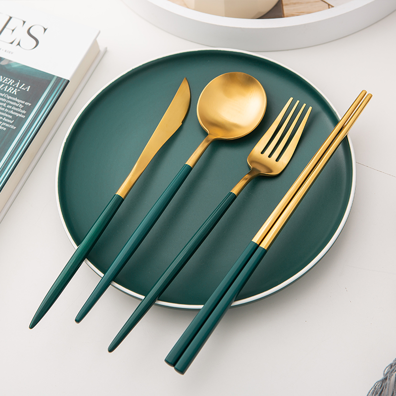 High - grade stainless steel knife and fork spoon, chopsticks four - piece western - style food tableware light much steak knife and fork spoon restaurant B,