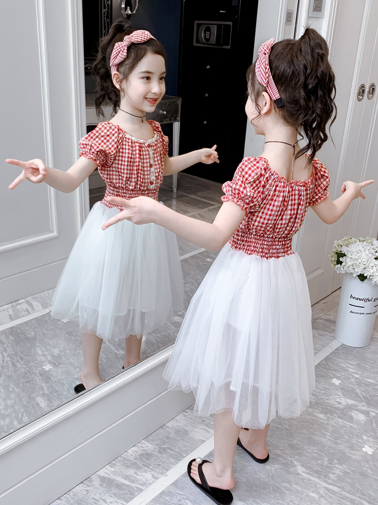 Girls ' skirts 2021 summer new children's foreign school plaid mesh stitching dress girls Korean summer dress