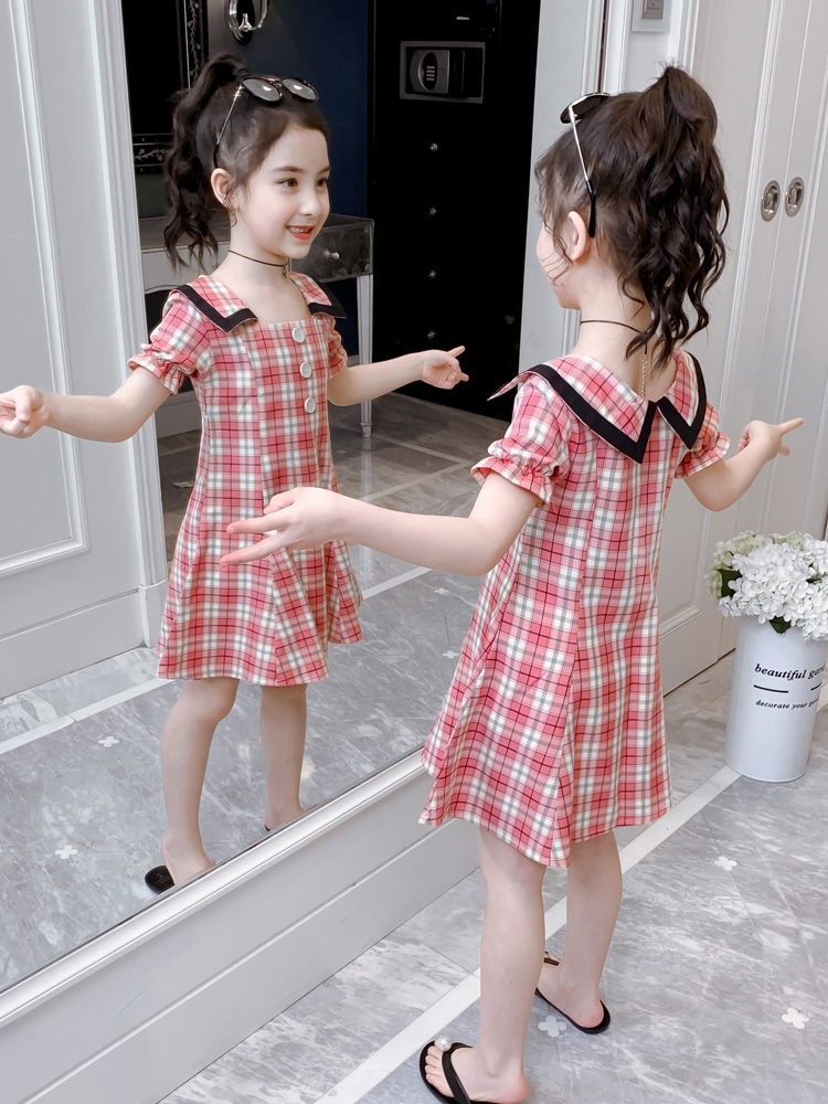 Girls dress 2021 new summer dress big children Korean plaid skirt little girl foreign school net red princess dress