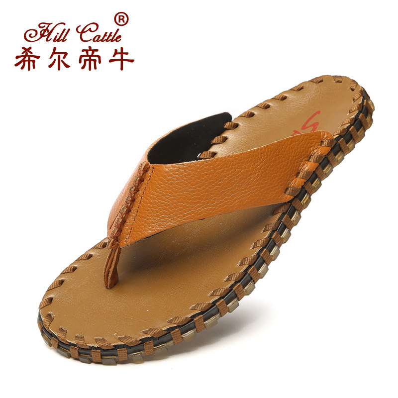 Slip-word slippers sandals real cow leather casual shoes beach shoes anti-skid bull solid drag male room outer tide