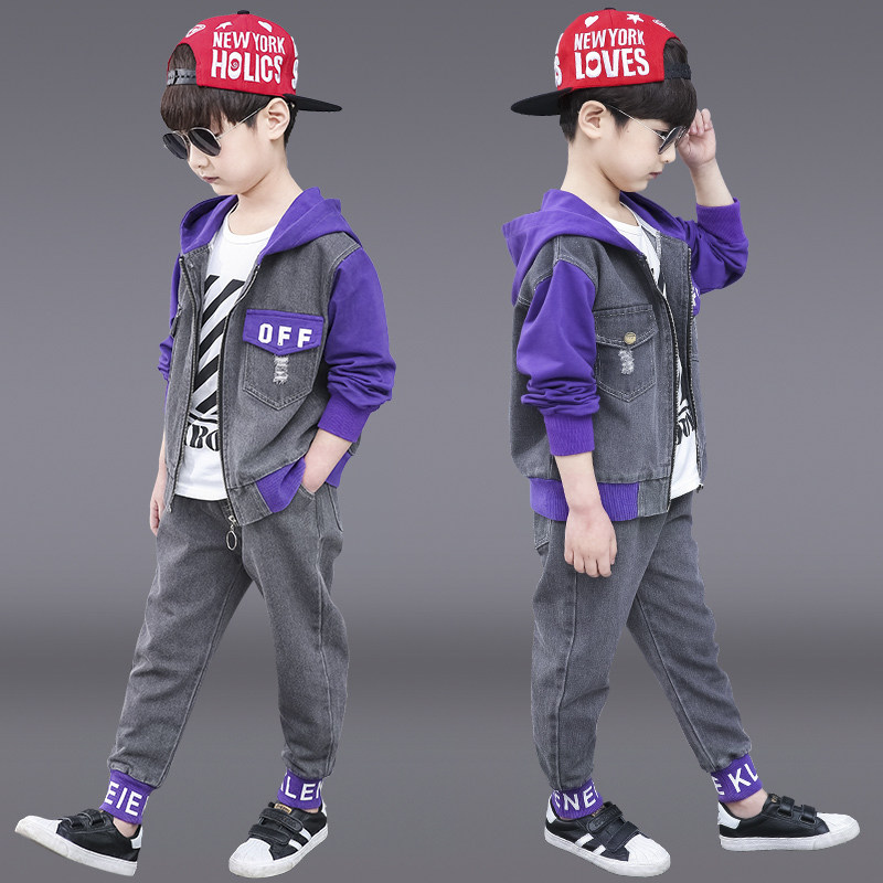 Boy's spring autumn suit 2021 new children Spring children's clothing boy Cowboys Three sets of foreign-sent leisure Chauke suit