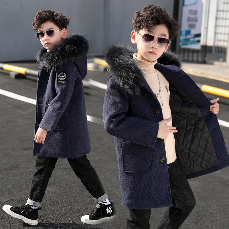 Boys' medium and long version of cotton and thick woolen coat 2021 new winter clothes in the big boy's western style plaid coat tide