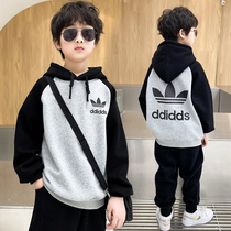 Boys autumn clothes 2021 new childrens loose base shirt in big childrens sports autumn and winter plus velvet thickened tide