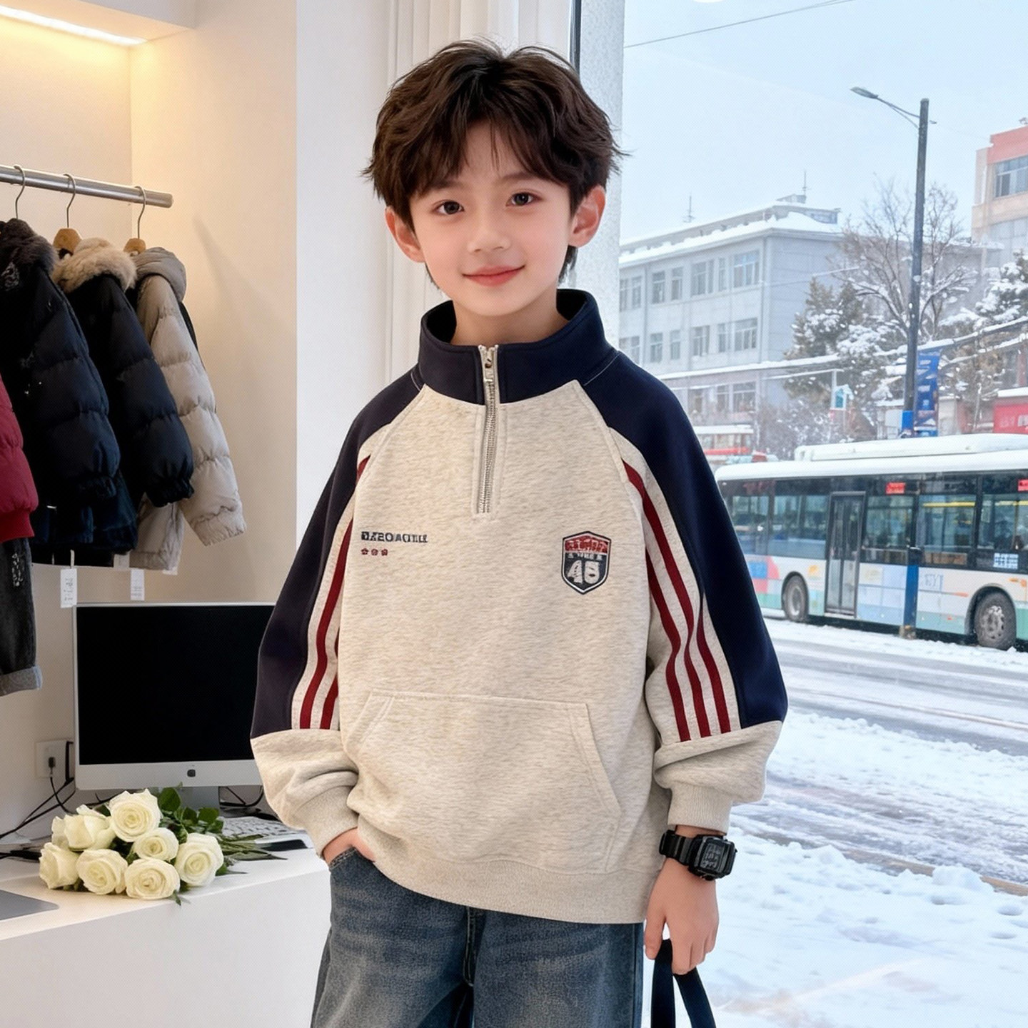 男の子向けの子供用コットン製スウェットシャツ。2026年春の新作スタイル。秋と春のコレクション。中～大サイズの子供向けのスタイリッシュでトレンディなトップス。
